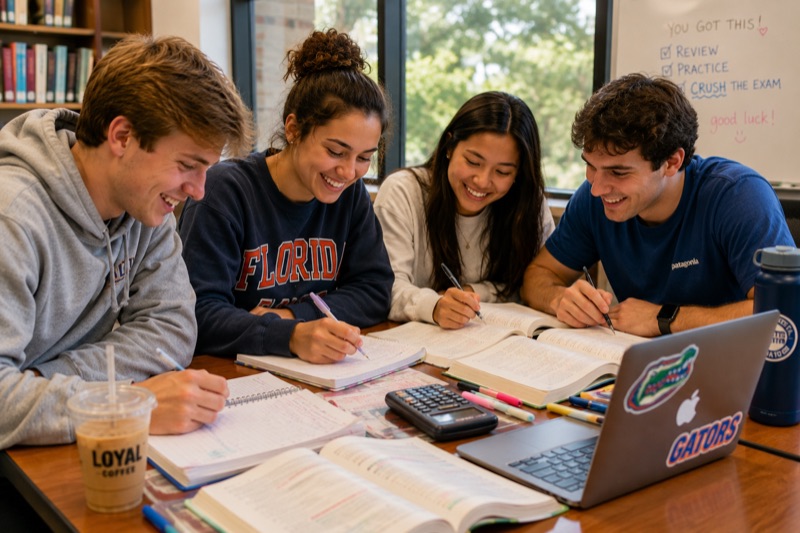 Four high school students studying together at a table with textbooks, notebooks and a calculator